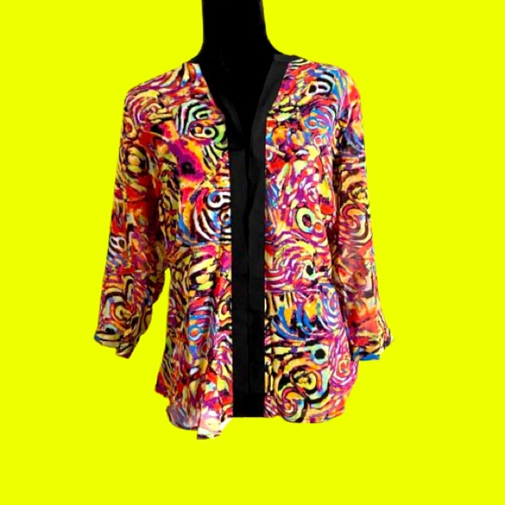 Antilia Femme Multicolored/black Trim- 3/4 Sleeve Blouse/hi/low . Size Medium